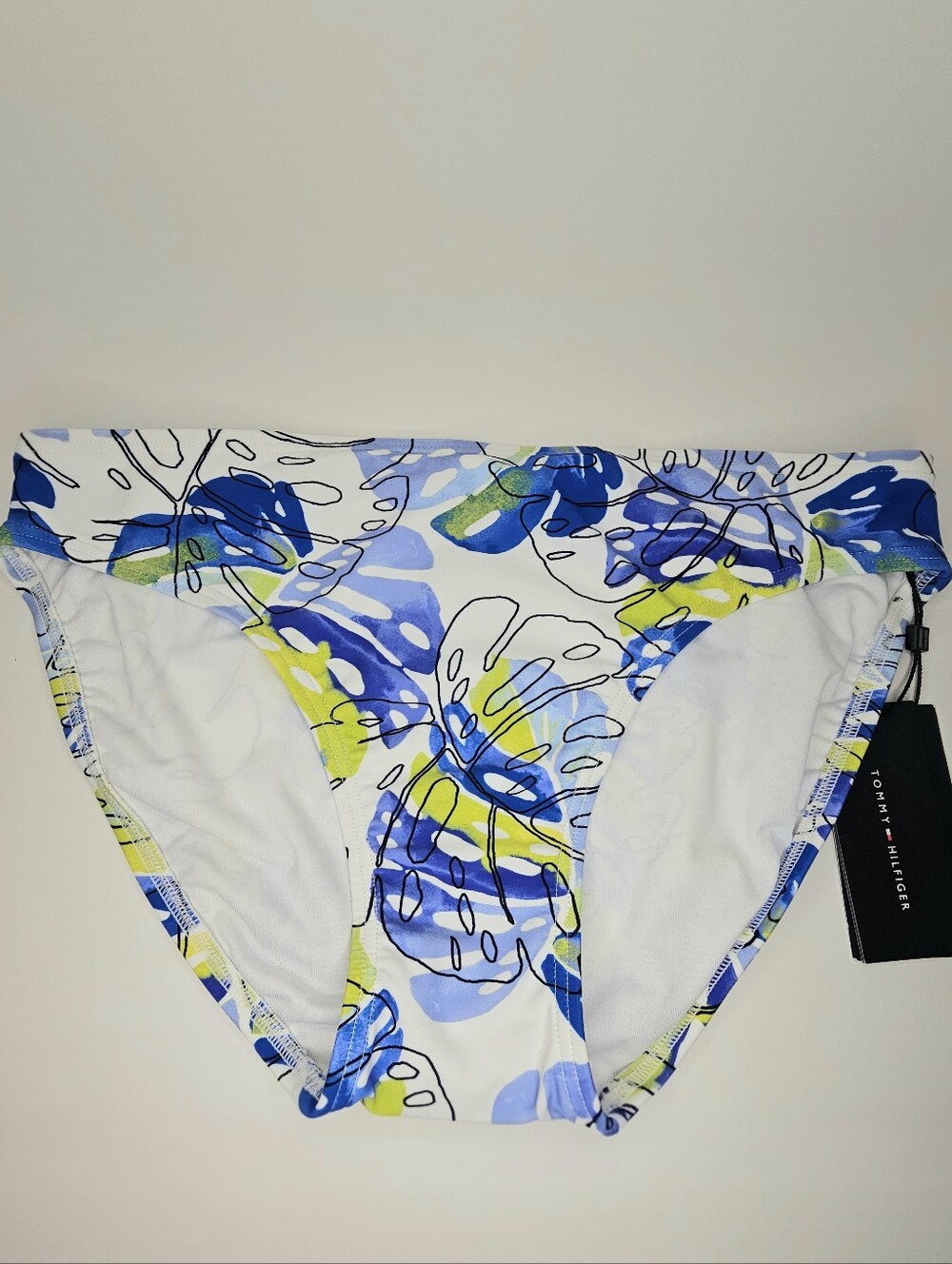 Tommy Hilfiger White Bikini Bottom with Blues & Green Monstera Leaf Print NWT